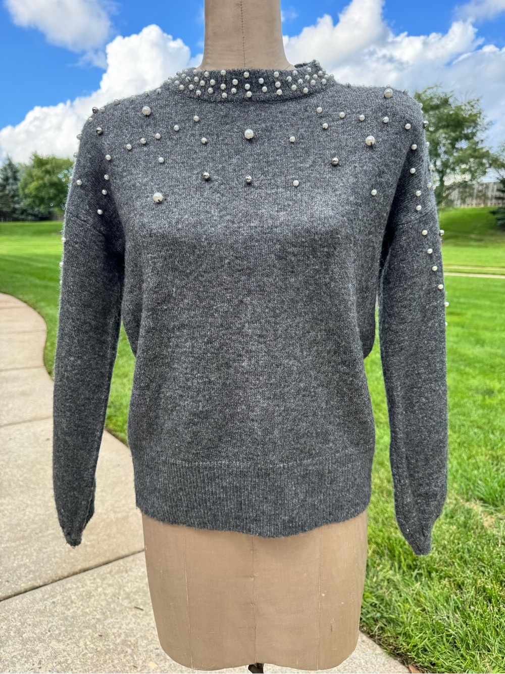 INC International Concepts Gray Pearl-Accent Crewneck Sweater